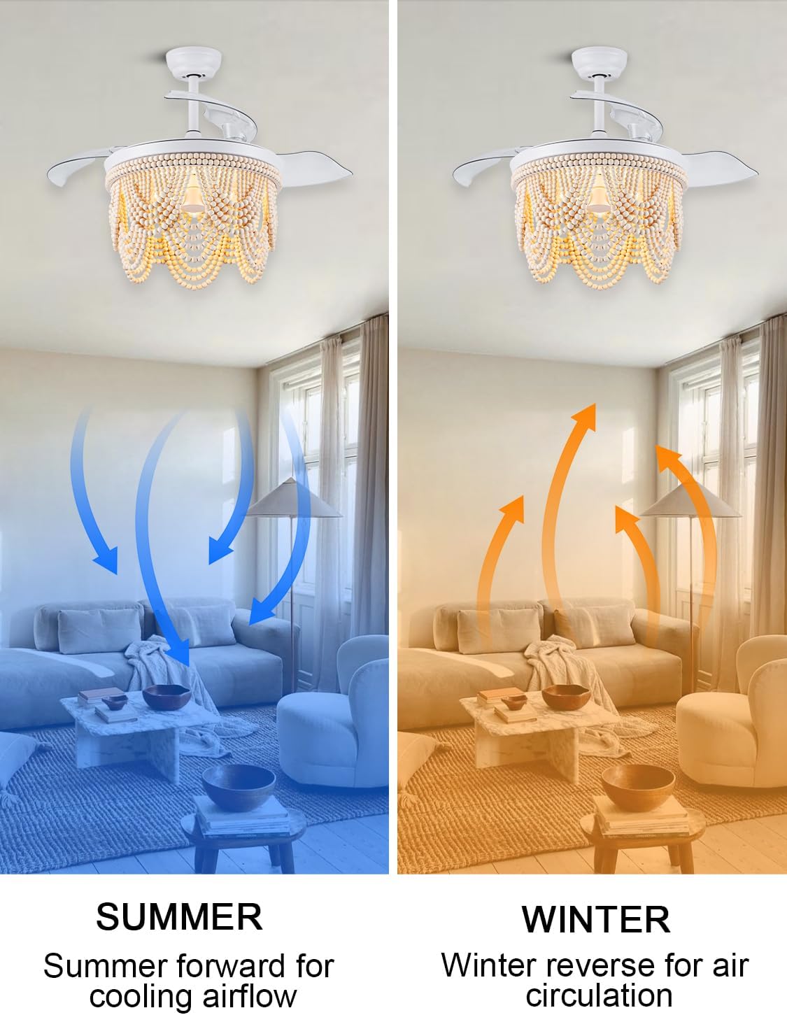 42 Inch Boho Ceiling Fan with Lights Retractable Chandelier Ceiling Fan Wood Beaded Coastal Chandelier for Bedroom Living Room White Fandelier 3 E26 Bulb, 6 Speeds Reversible Quiet DC Motor