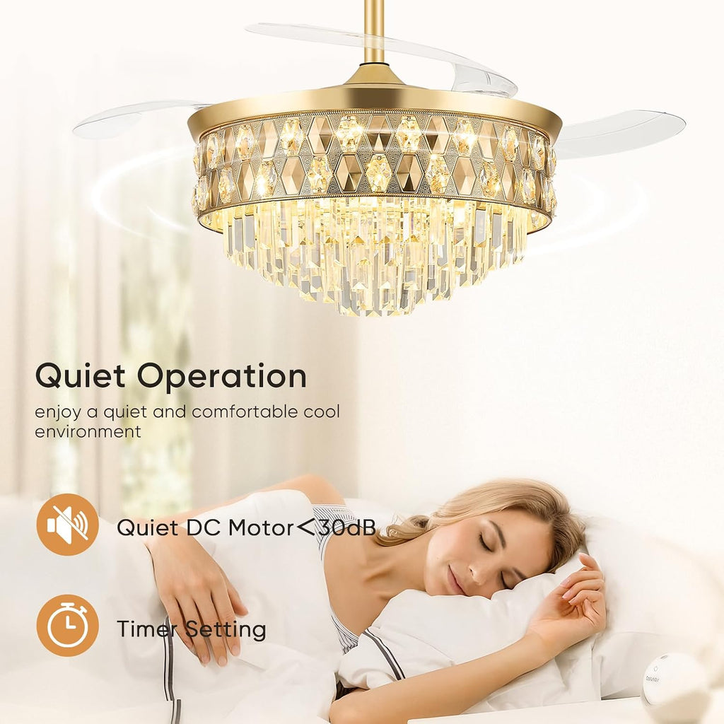 52 Inch Fandelier Ceiling Fan with Light, Chandelier Fan, Retractable Crystal Ceiling Fan Dimmable LED, 3 Color Temperatures, 6 Speeds, for Bedroom & Living Room