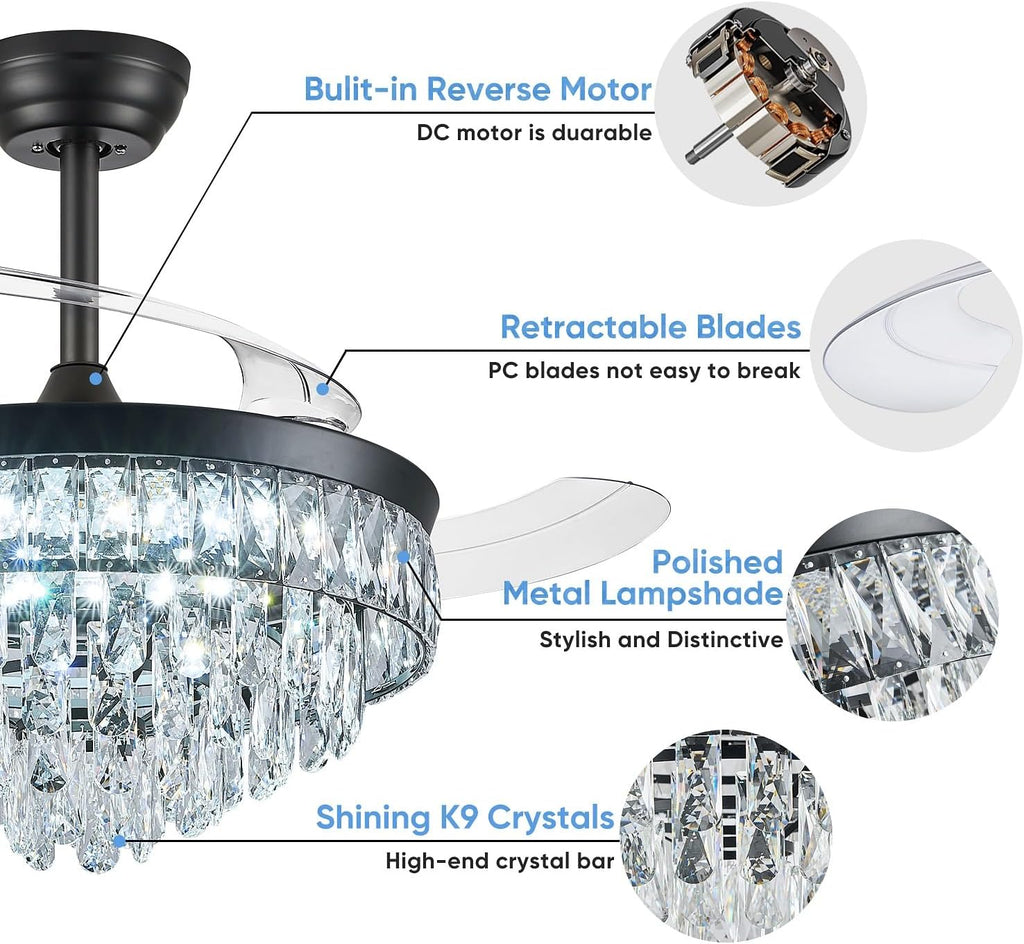 42'' Chandelier Ceiling Fan with Lights, Retractable Fan with Remote and APP, Crystal Fandelier Ceiling Fan, Dimmable LED, Reversible Motor, Quiet for Bedroom Living Room-Black