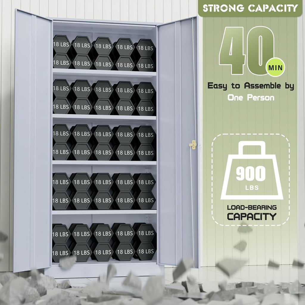 SUNCROWN 72' Metal Storage Cabinet - Heavy-Duty Metal Garage Cabinet with 4 Adjustable Shelves & 2 Doors for Tools, Office, Home, Workshop,Cement Grey