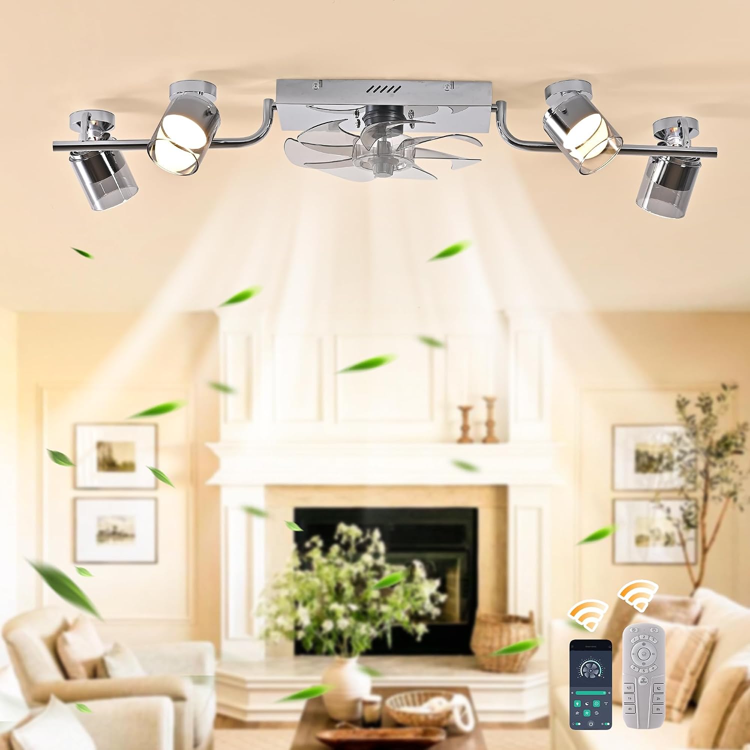 Qcyuui Ceiling Fans with Lights and Remote,39.4' Low Profile Ceiling Fan Dimmable Fandelier Ceiling Fan with Light 360° Rotatable Lightheads Modern Flush Mount LED Fan Light for Bedroom Kitchen