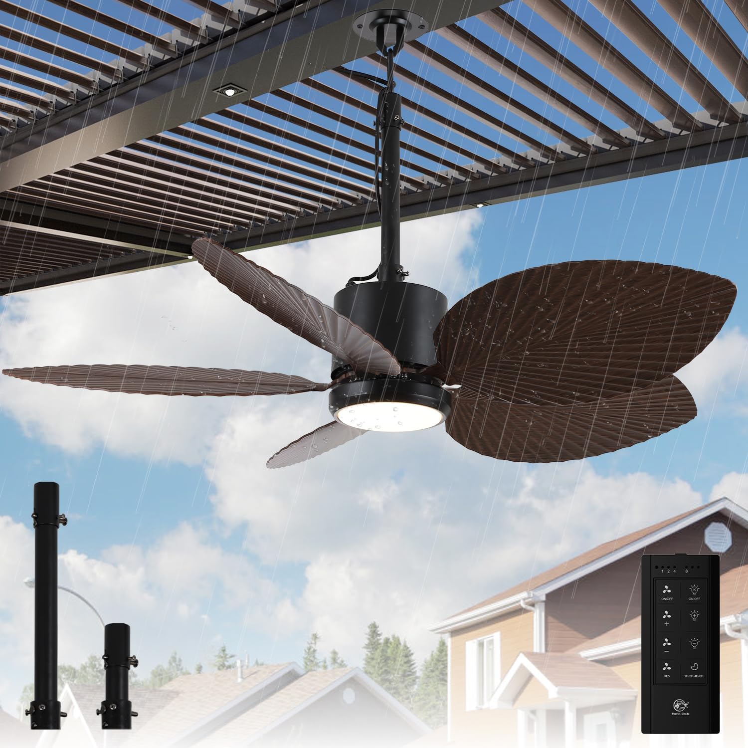 Parrot Uncle 42 Inch Outdoor Palm Leaf Ceiling Fan,IP66 Outdoor Waterproof Ceiling Fan with Light,3CCT 6-Speed Quite DC Motor, Wet Rated Plug in Fans for Patios Porch Pergola (Brown & Black)