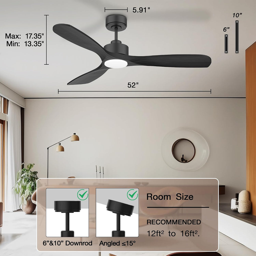 Hoenofly 52' Wood Smart Ceiling Fans with Lights Remote,Quiet DC Motor,Outdoor Indoor Ceiling Fan,Voice Control via WIFI Alexa App,Dimmable,Modern Black Ceiling Fan for Bedroom Patio Porch