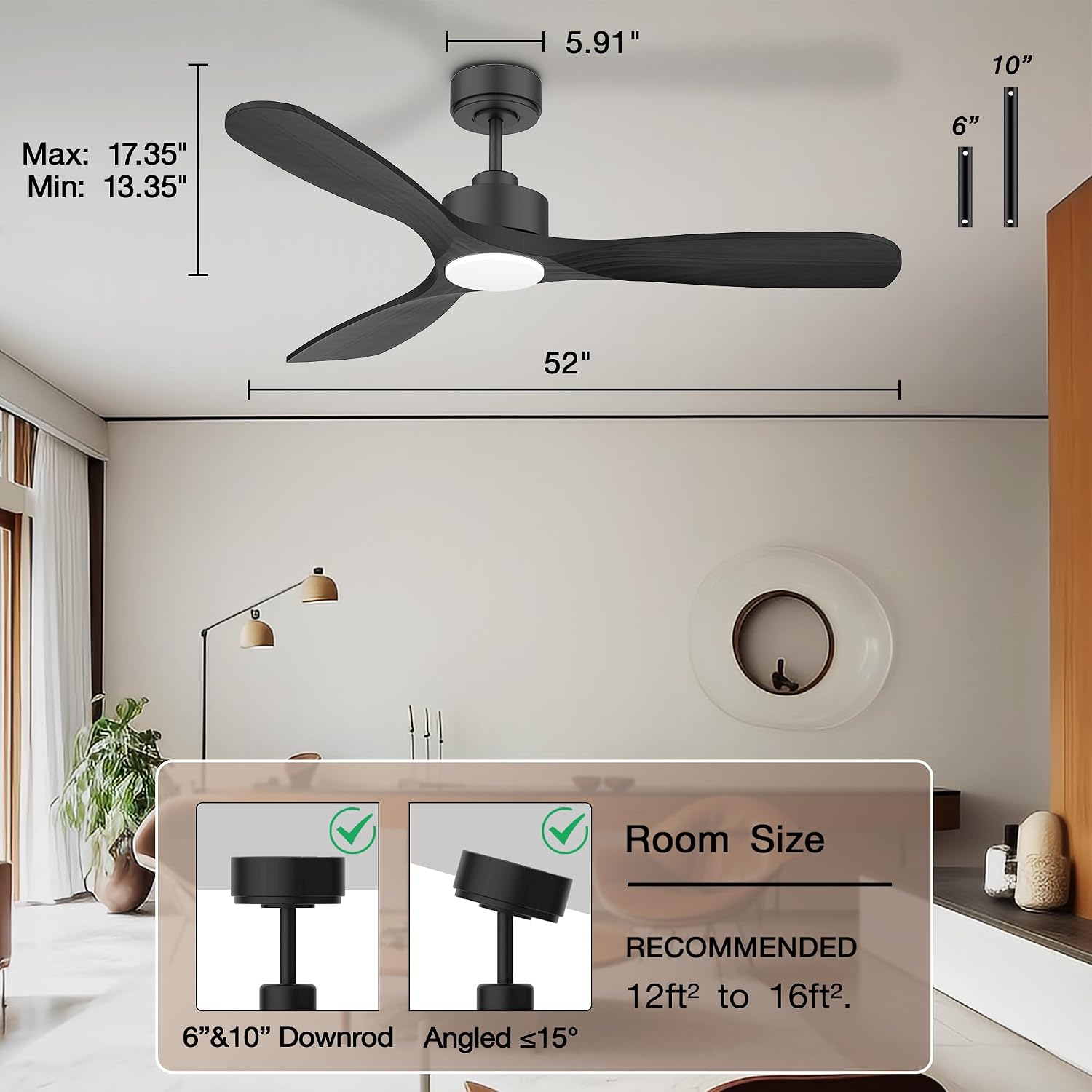 Hoenofly 52' Wood Smart Ceiling Fans with Lights Remote,Quiet DC Motor,Outdoor Indoor Ceiling Fan,Voice Control via WIFI Alexa App,Dimmable,Modern Black Ceiling Fan for Bedroom Patio Porch