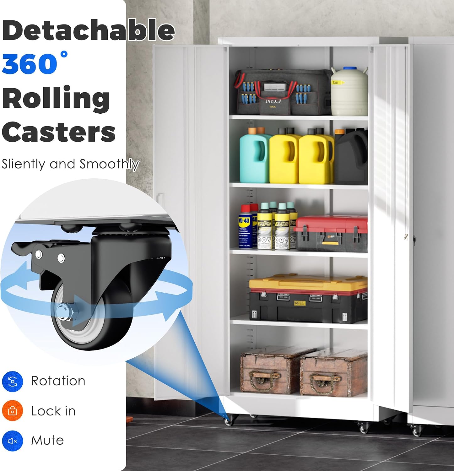 INTERGREAT Metal Storage Cabinet with Wheels, 73' Garage Storage Cabinet with Door and 4 Shelves, Tool Cabinet on Caster for Home, Office, White