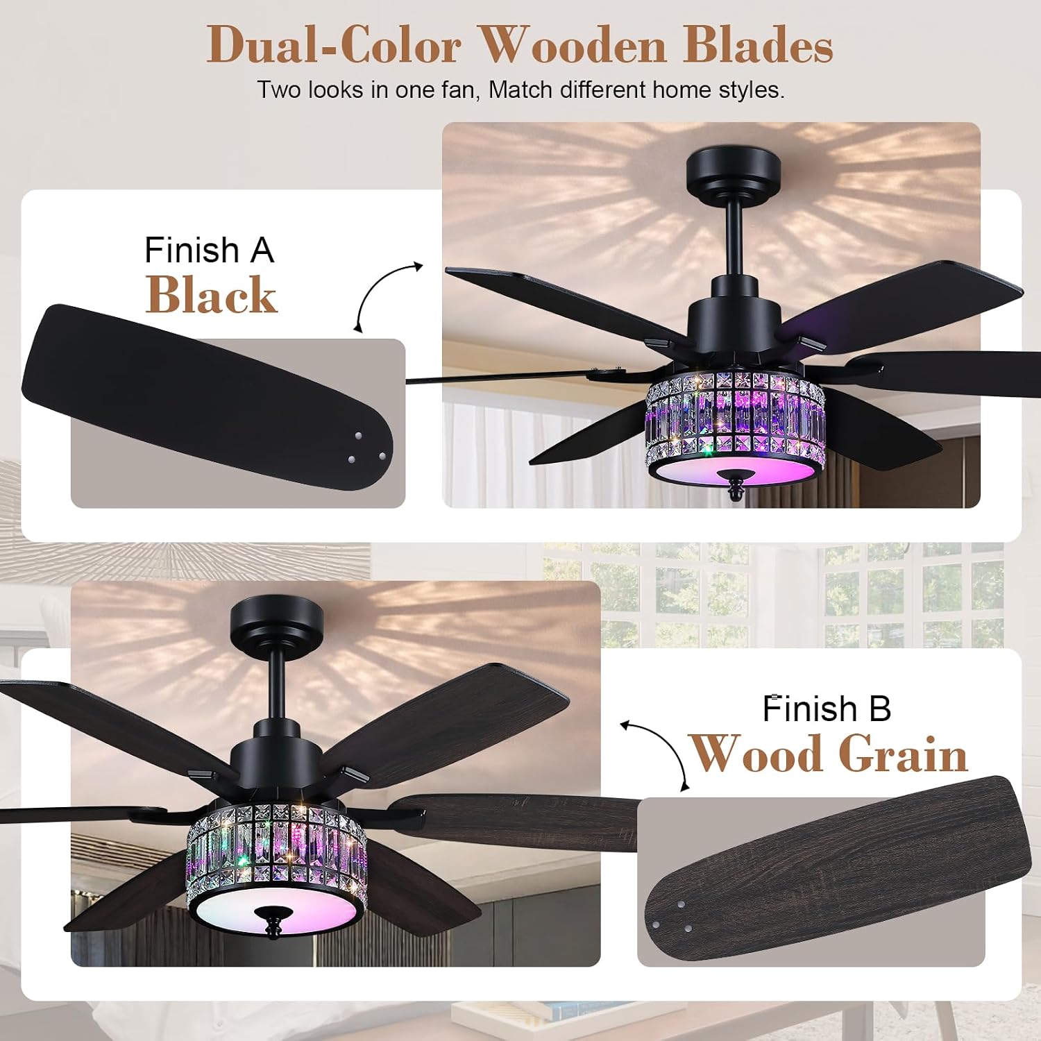 Kviflon 52 Inch Crystal Ceiling Fan with RGB Lights and Remote/APP Control, Black Fandelier Ceiling Fan with Light, Modern Chandelier Ceiling Fan for Bedroom Living Room, Quiet DC Motor, Dimmable LED