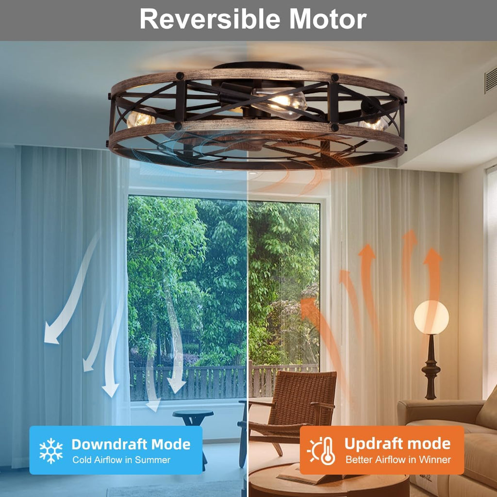 SHLUCE 24' Farmhouse Flush Mount Ceiling Fans with Lights, Caged Low Profile Enclosed Ceiling Fans with Lights and Remote, Rustic Large Bladeless Ceiling Fan with Light for Bedroom, Kitchen - ETL