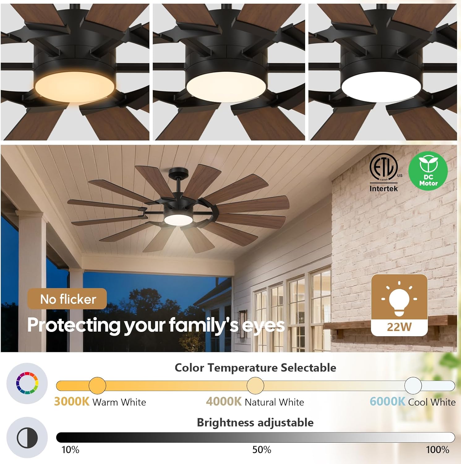 62 Inch 12-Blade Black Ceiling Fan with Light and Remote, for Patio Shop Garage, High CFM Wind Mill Farmhouse Indoor Outdoor Ceiling Fan, Dual Color, 3CCT, 3 Downrods, 6-Speed, DC Motor
