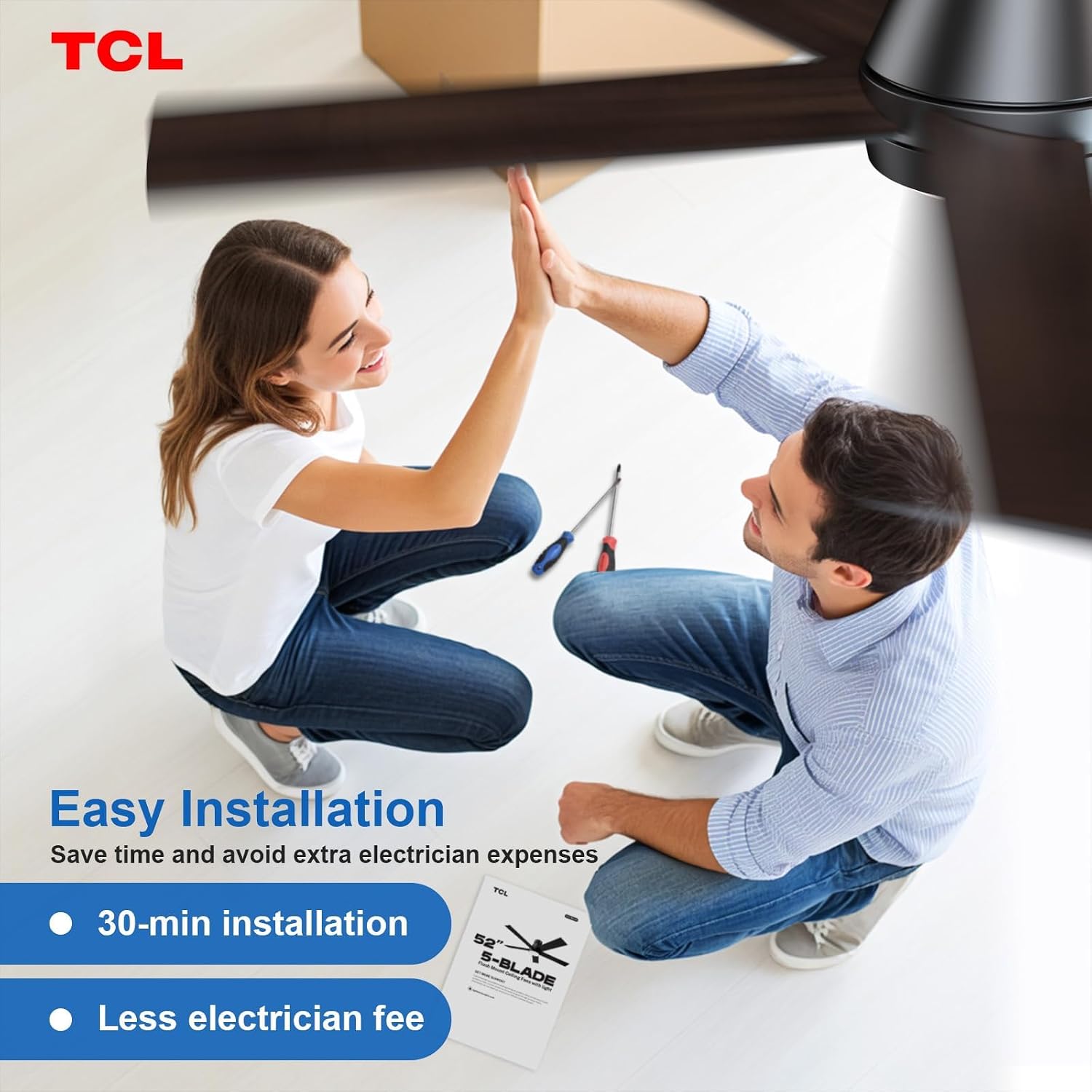 TCL 52' Ceiling Fan with Lights, Black Flush Mount Ceiling Fans with Remote Control, 6 Speeds DC Reversible, Dimmable, Noiseless, Low Profile Ceiling Fans for Bedroom