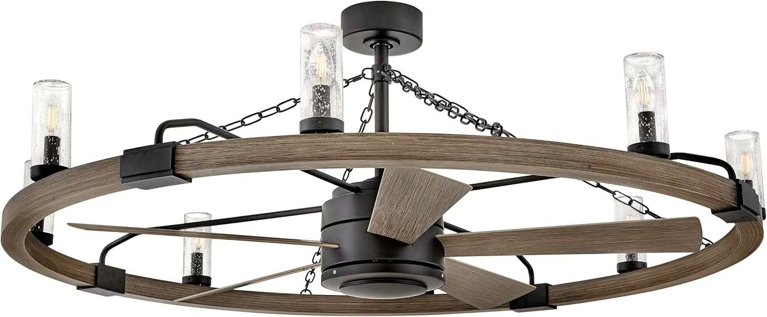 Hinkley Sawyer 52' LED Smart Ceiling Fan with Light and Remote, Rustic Wagon Wheel Chandelier Fandelier, Composite Material, Wet Rated Indoor Outdoor, Seedy Glass Shades, Matte Black and Driftwood