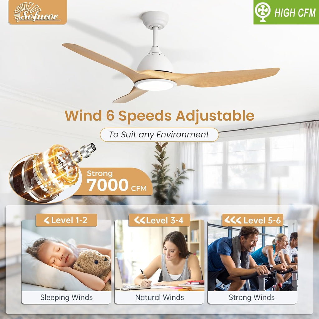 Sofucor 52 Inch Smart Ceiling Fan with Light, Modern Ceiling Fan with 3 Plastic Blade, Quiet, Dimmable, Compatible with Alexa/Google/App, 6 Speeds 7000CFM, Timer Quiet Reversible DC Motor, Log-color