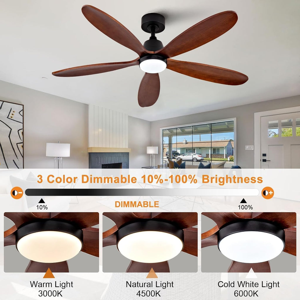 52 Inch Ceiling Fans with Lights and Remote, Modern Wood Ceiling Fan with Light, Indoor Outdoor Ceiling Fan for Patio Bedroom, Dimmable, Reversible DC Motor, Memory Function (Black Walnut)