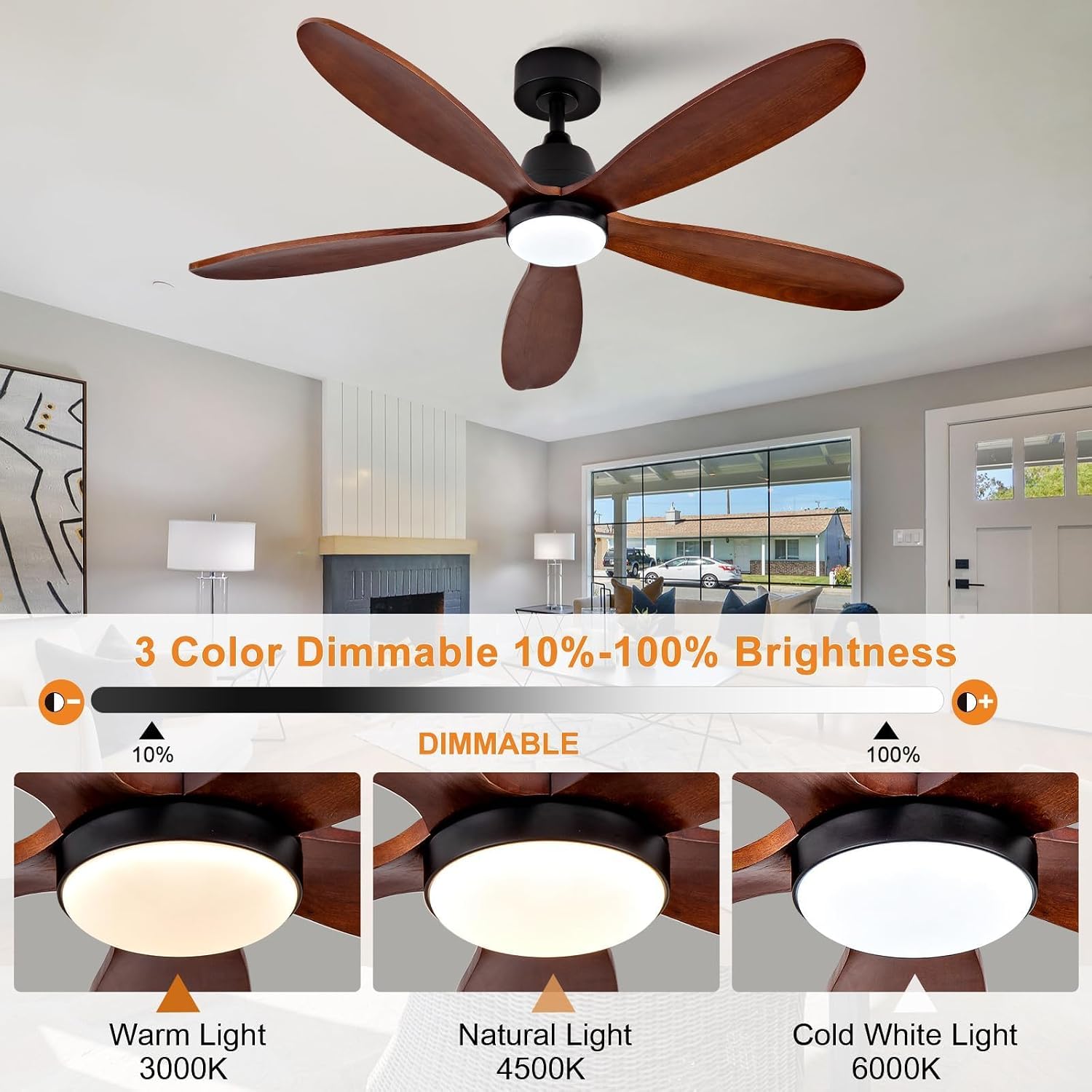 52 Inch Ceiling Fans with Lights and Remote, Modern Wood Ceiling Fan with Light, Indoor Outdoor Ceiling Fan for Patio Bedroom, Dimmable, Reversible DC Motor, Memory Function (Black Walnut)