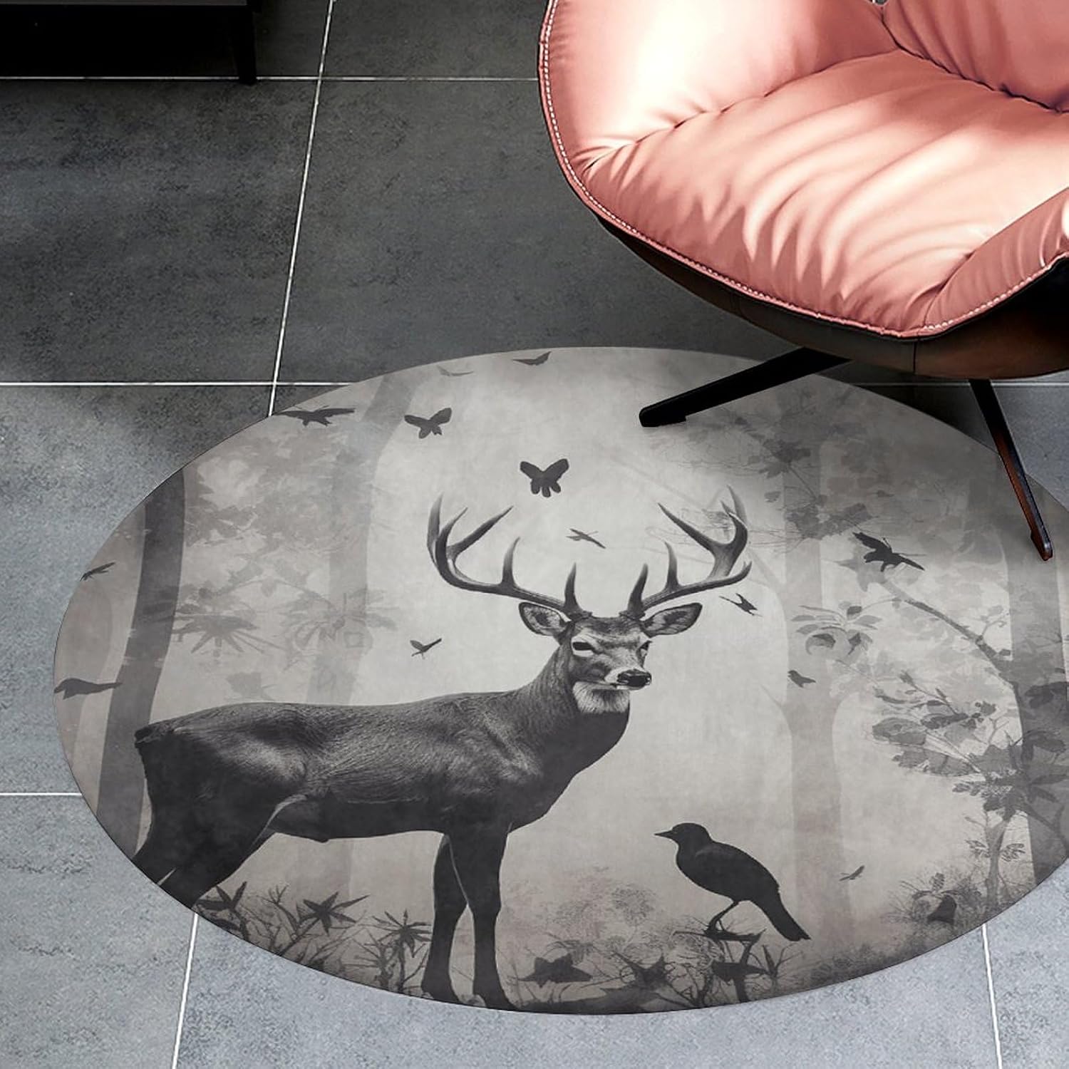 Hunting Silhouette of Deer Coral Velvet Round Floor Mat Non-Slip Bath Rug Floor Covering for Bathroom Vanity Guest Suite & Vacation Home