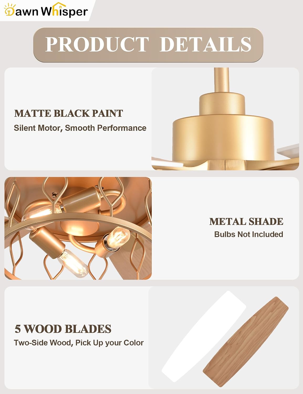 Dawn Whisper 52 Inch Modern Farmhouse Ceiling Fans with Lights White and Gold Industrial Rustic Caged Ceiling Fan for Bedroom Living Room Quiet and Reversible DC Motor