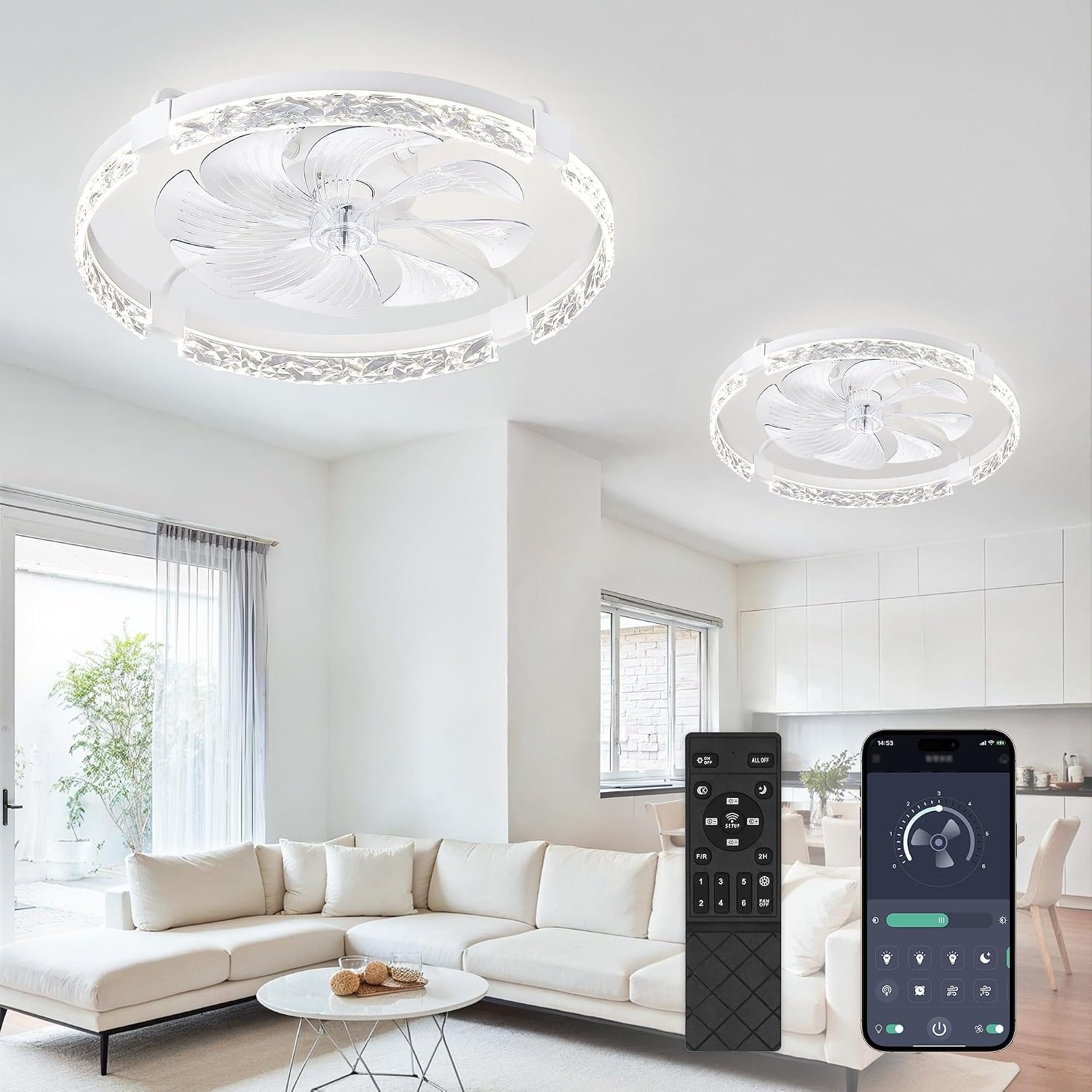 LEDIARY 2 Pack 24 Inch Modern Ceiling Fans with Lights and Remote, Dimmable Flush Mount Ceiling Fan, White Low Profile Ceiling Fan with 3 CCT and 6 Speeds