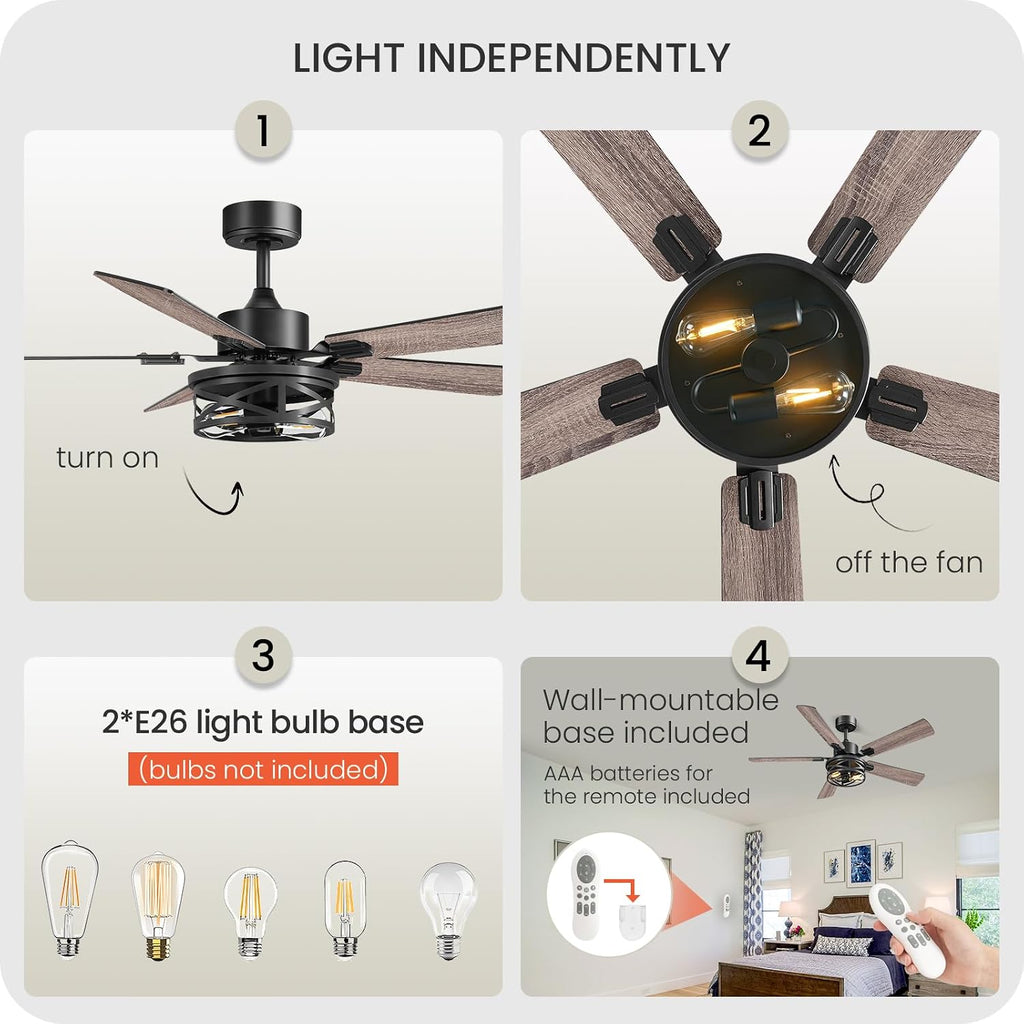 52 Inch Farmhouse Ceiling Fan with Lights and Remote, Timer, Dual Finish 5 Blades (Gray Oak and Black), 6 Speeds, Reversible DC Motor, Rustic & Industrial Caged Ceiling Fan for Bedroom HB01CF05