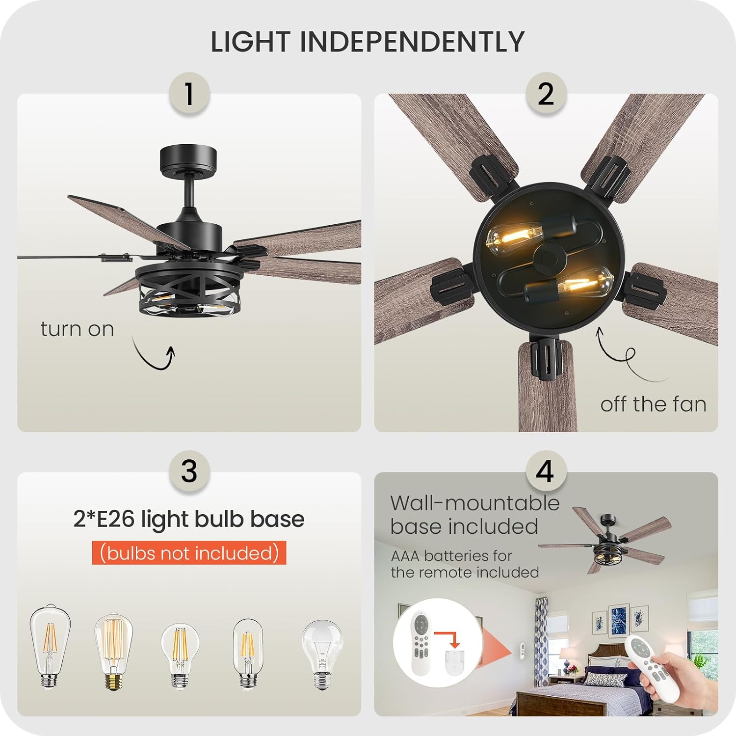 52 Inch Farmhouse Ceiling Fan with Lights and Remote, Timer, Dual Finish 5 Blades (Gray Oak and Black), 6 Speeds, Reversible DC Motor, Rustic & Industrial Caged Ceiling Fan for Bedroom HB01CF05