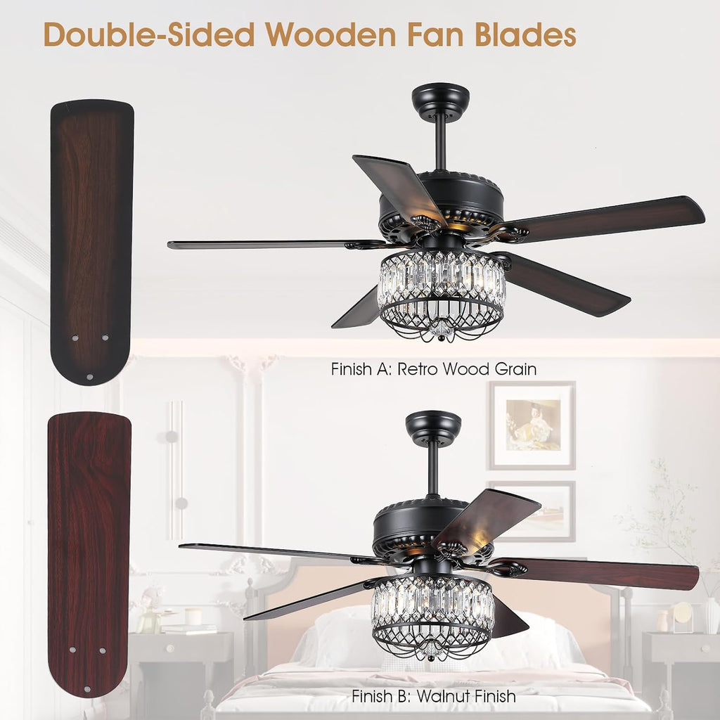 Kviflon Farmhouse Crystal Ceiling Fans with Lights and Remote, 52 Inch Chandelier Ceiling Fans, Black Fandelier Ceiling Fan for Bedroom Living Room, Quiet DC Motor, Reversible, Bulb not Included