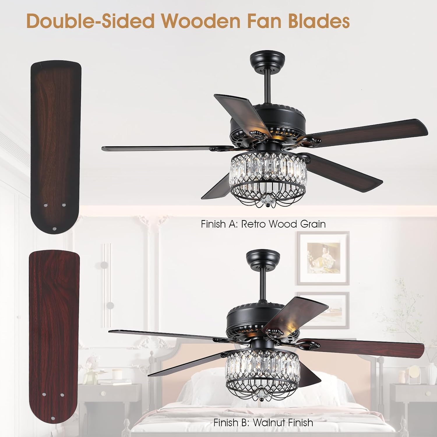 Kviflon Farmhouse Crystal Ceiling Fans with Lights and Remote, 52 Inch Chandelier Ceiling Fans, Black Fandelier Ceiling Fan for Bedroom Living Room, Quiet DC Motor, Reversible, Bulb not Included