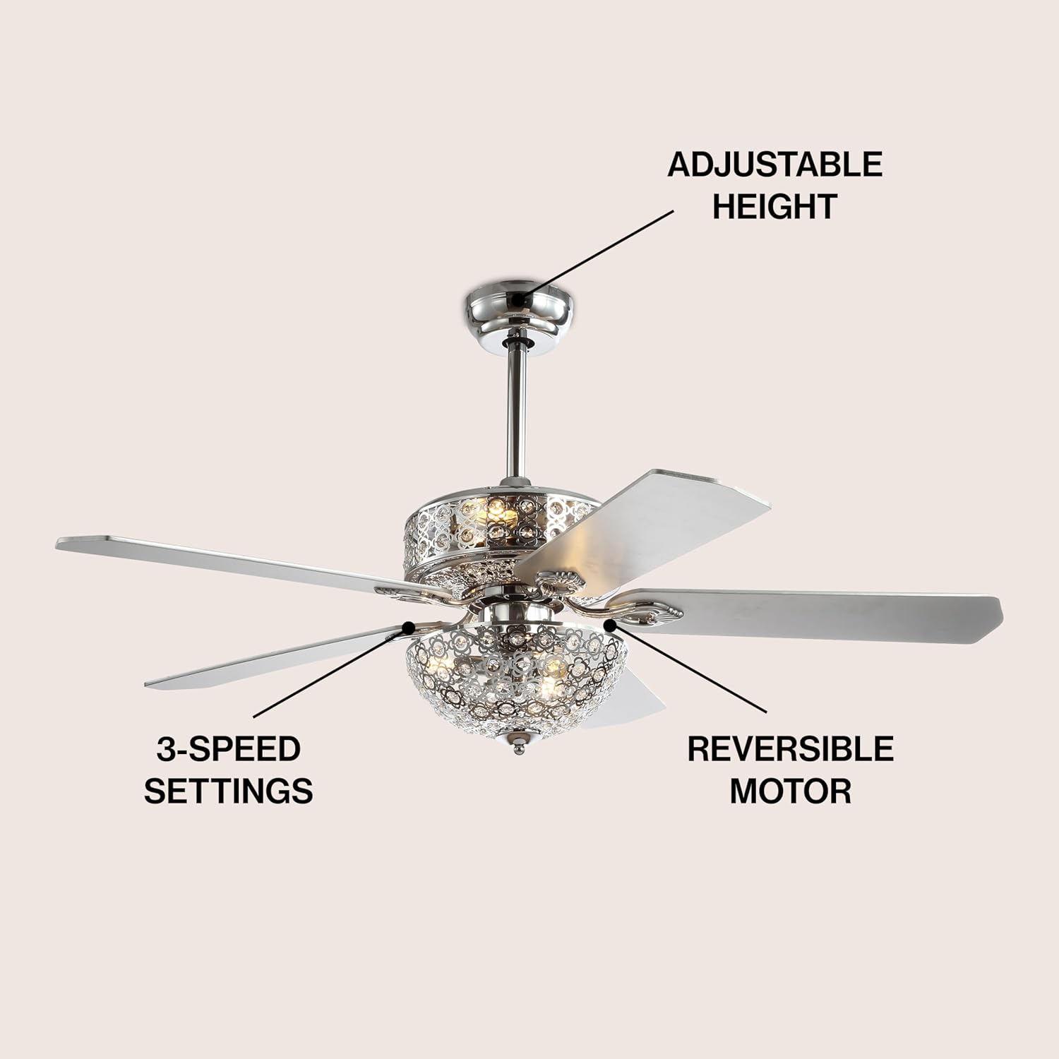 JONATHAN Y 52' Chrome 6-Light Iron and Wood Ceiling Fan, Modern Glam Filigree Dome, 5 Reversible Silver/White Blades, Remote Control, ETL Listed, LED Bulbs Included JYL9602A