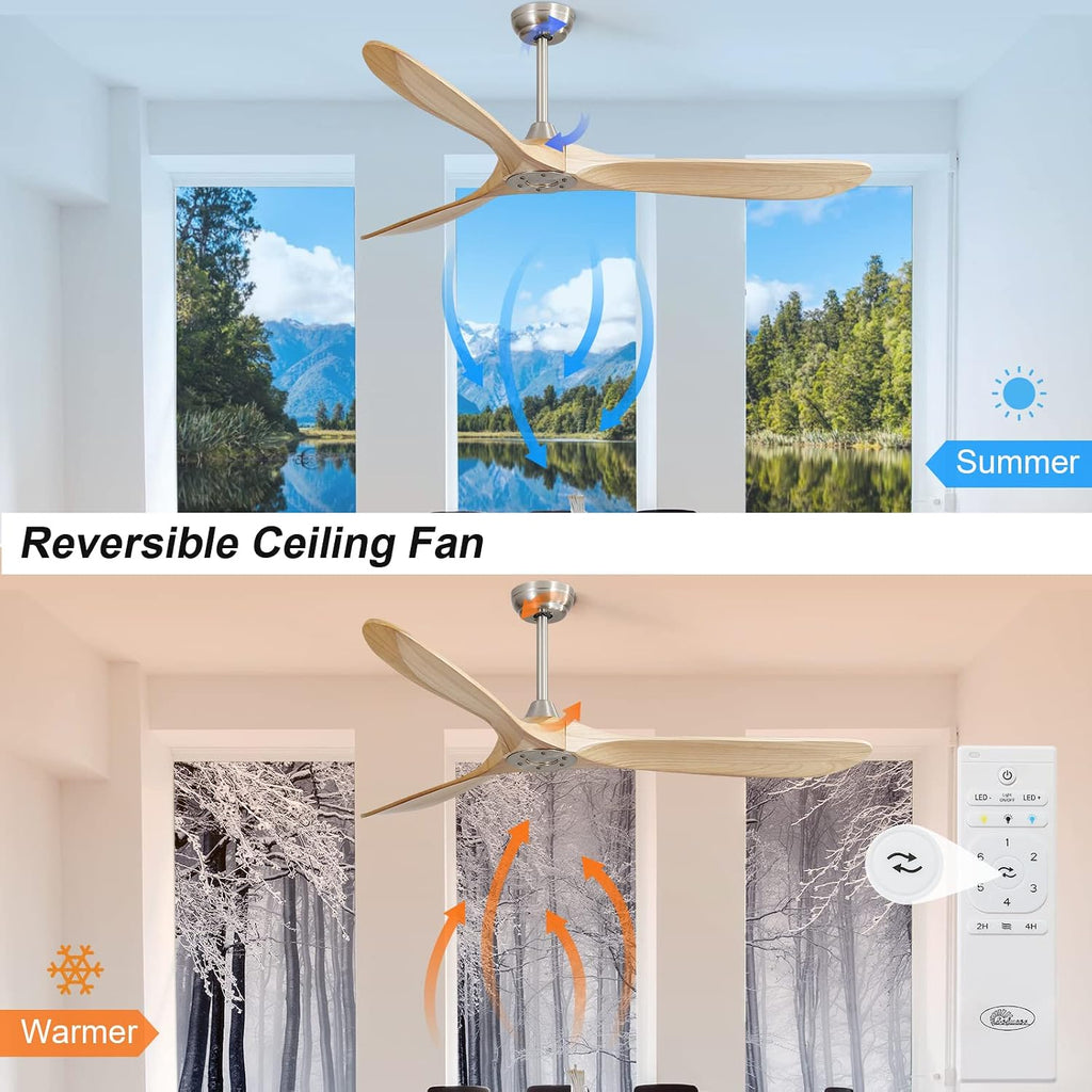 Sofucor 60 Inch Ceiling Fan No Lights, Solid Wood Ceiling Fans without Lights Remote Control, Indoor/Outdoor Ceiling Fans with Quite DC Motor for Living Room Bedroom Farmhouse Patio