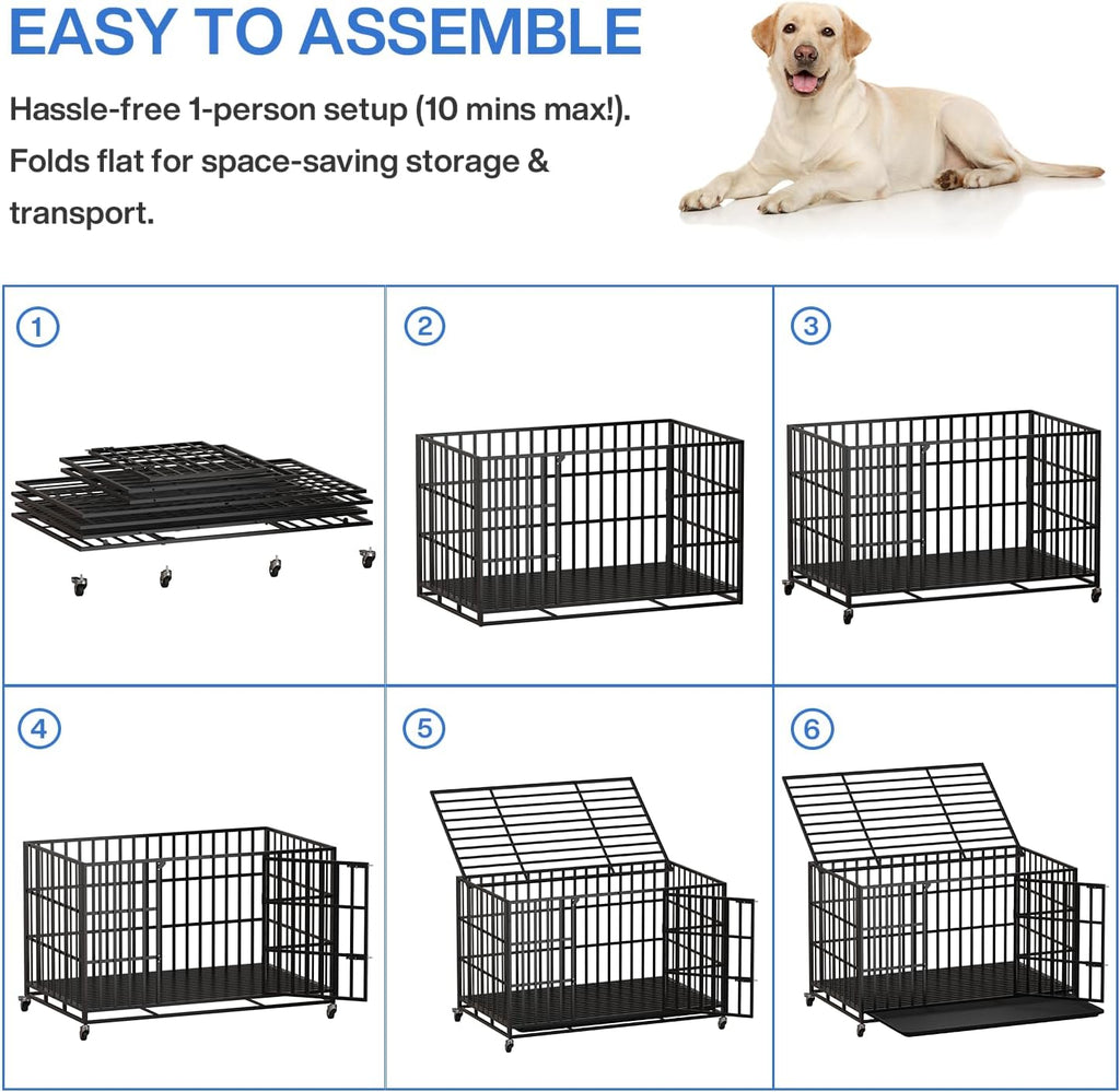 LEMBERI 48 Inch Heavy Duty Dog Crate, Indestructible Dog Kennel Indoor, Escape Proof Pet Cage for Large Dogs, High Anxiety Dog Crate with Double Door, Lockable Wheels & Removable Tray
