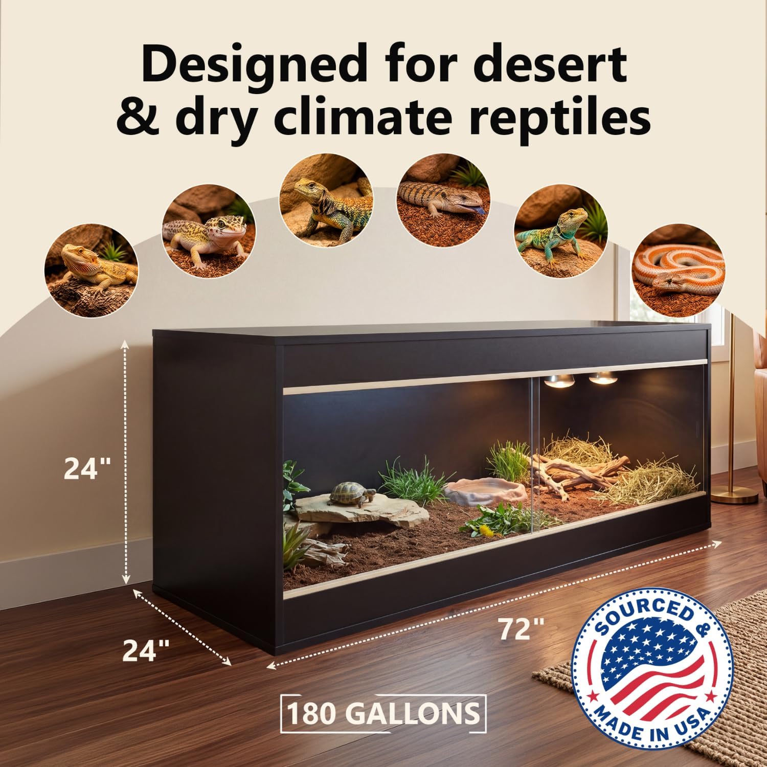 180 Gallon Reptile Enclosure, Made in USA 72' x 24' x 24' Bearded Dragon Tank with Sliding Acrylic Doors, Large Terrarium for Leopard Geckos, Snakes, Lizards & Tortoises - Black