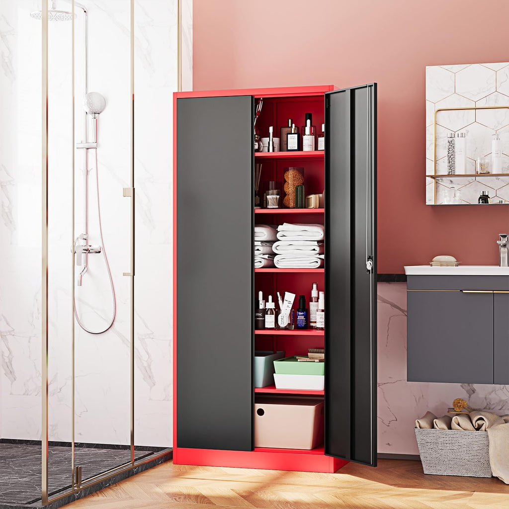 Fesbos Metal Storage Cabinet-71' Tall Steel File Cabinets with Lockable Doors and Adjustable Shelves-Black&Red Steel Storage Cabinet for Home,Kitchen, School, Office, Garage
