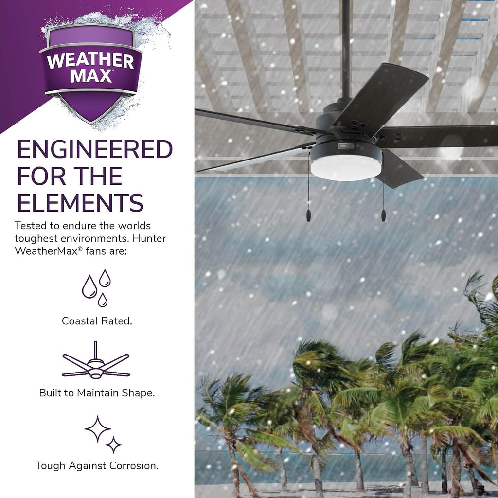 Hunter 52 inch Outdoor or Indoor Ceiling Fan with LED Light and Pull Chain - Black Ceiling Fan, Standard Mount, 5 Blades, For Patio, Porch, Garage, or Living Room - Sea Point 51681, Matte Black