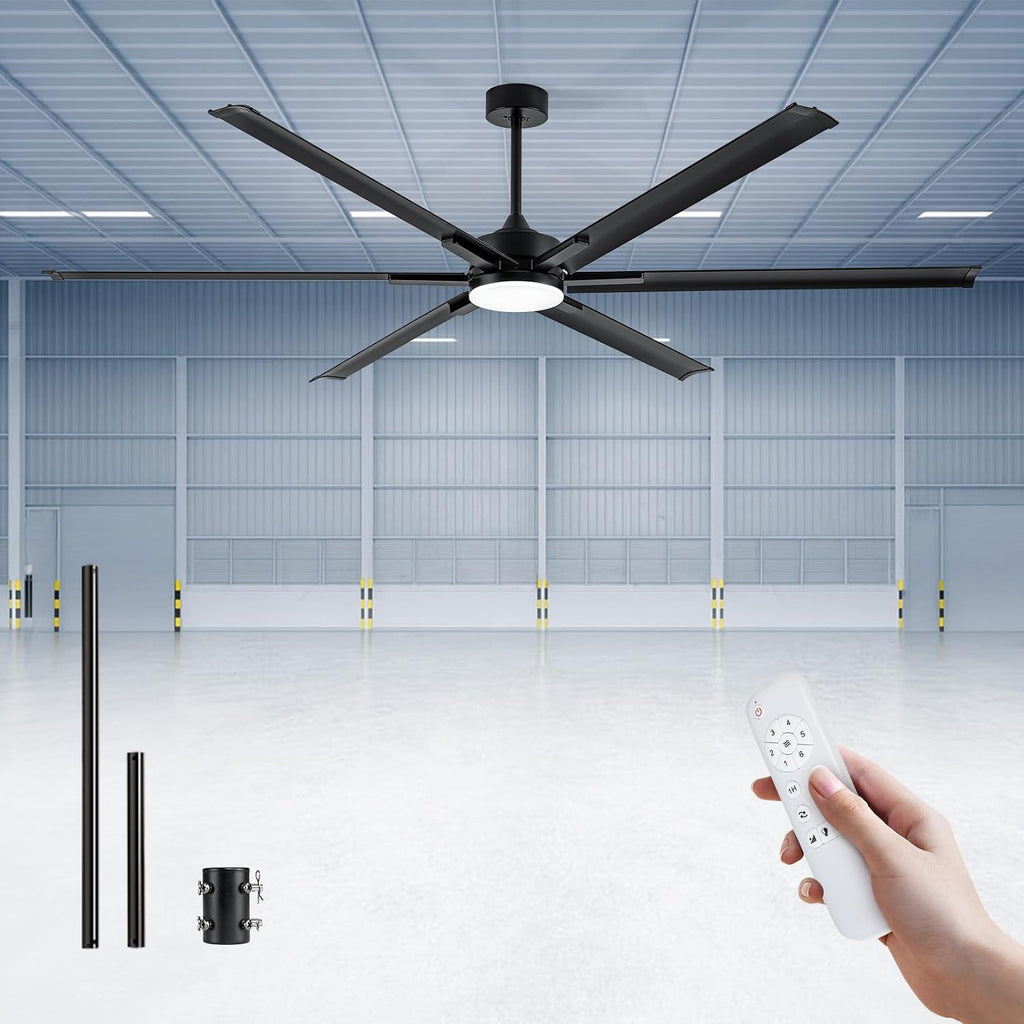 84In Large Ceiling Fan with Black Aluminum Blades,Industrial Ceiling Fan with Dimmable Light,12'/24' Downrod,Extension Coupler,6 Speed,Noiseless DC Motor Indoor Outdoor Covered Patio,Commercial