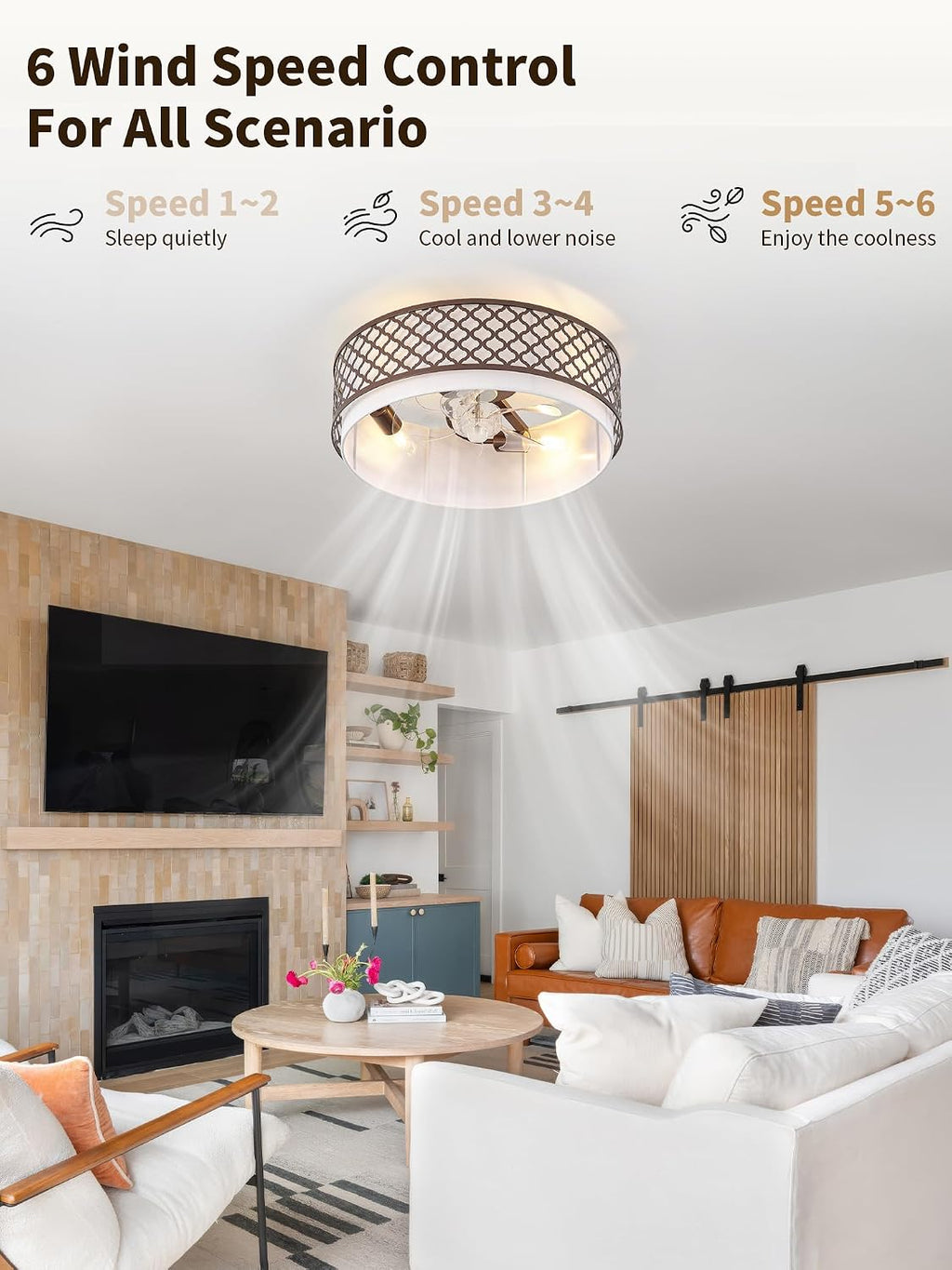 20' Farmhouse Rustic Flush Mount Ceiling Fan with Light, Brown Ceiling Fans with Lights Low Profile, Enclosed with Remote Control 6 Speeds for Living Room, Bedroom, Nursery