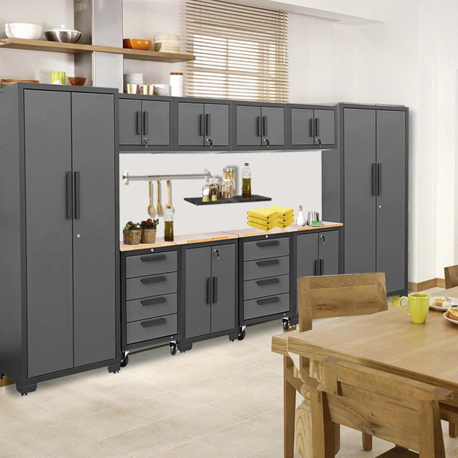 Torin 12 Piece Garage Storage Cabinet Set: Workshop Tool Organizer Chest with Lockers, Shelves and Wood Workbench, Black/Grey