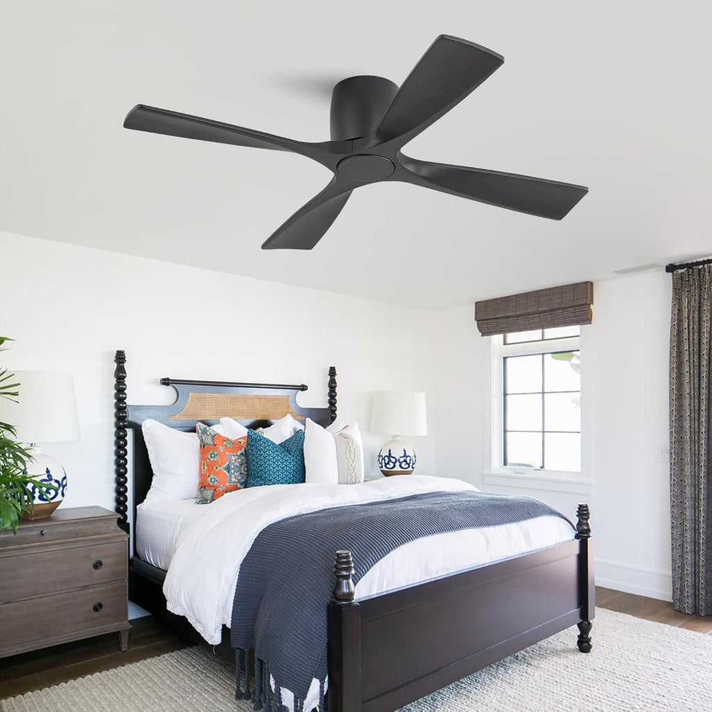 WINGBO 48 Inch Ceiling Fan Without Light,Solid Wood Flush Mount Ceiling Fan with Remote Control, Reversible DC Motor, 4 Blades, 6-Speed Quiet Performance, for Bedroom & Living Room, Black