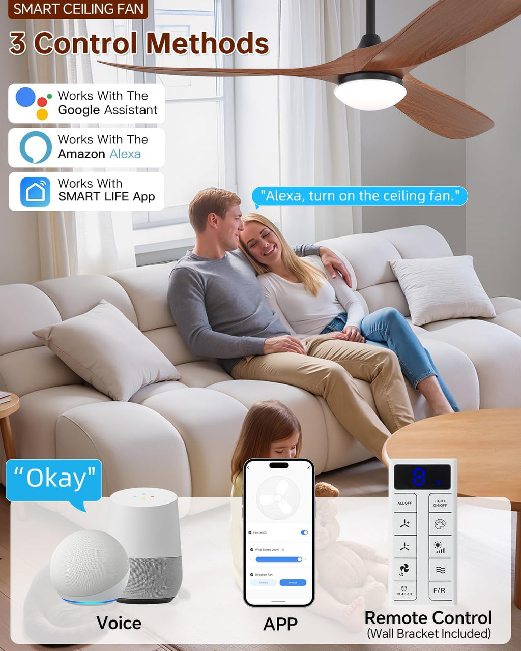 Sofucor 60 Inch Smart Ceiling Fans with Lights-Outdoor Modern Smart Ceiling Fan with Alexa/Google/APP/Remote Control, Reversible Quiet DC Motor, ABS Blade Ceiling Fan for Living Room/Farmhouse/Patios
