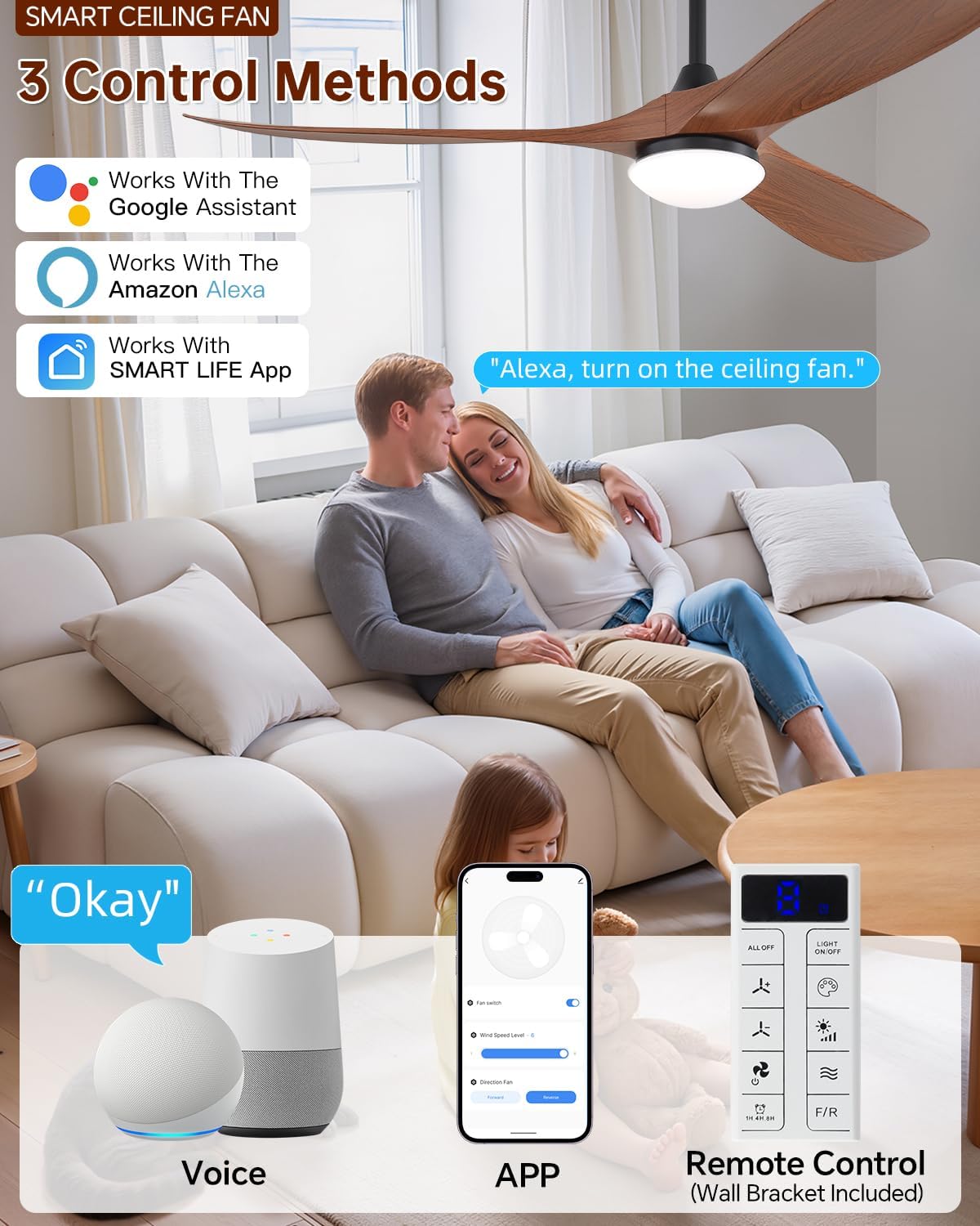 Sofucor 60 Inch Smart Ceiling Fans with Lights-Outdoor Modern Smart Ceiling Fan with Alexa/Google/APP/Remote Control, Reversible Quiet DC Motor, ABS Blade Ceiling Fan for Living Room/Farmhouse/Patios