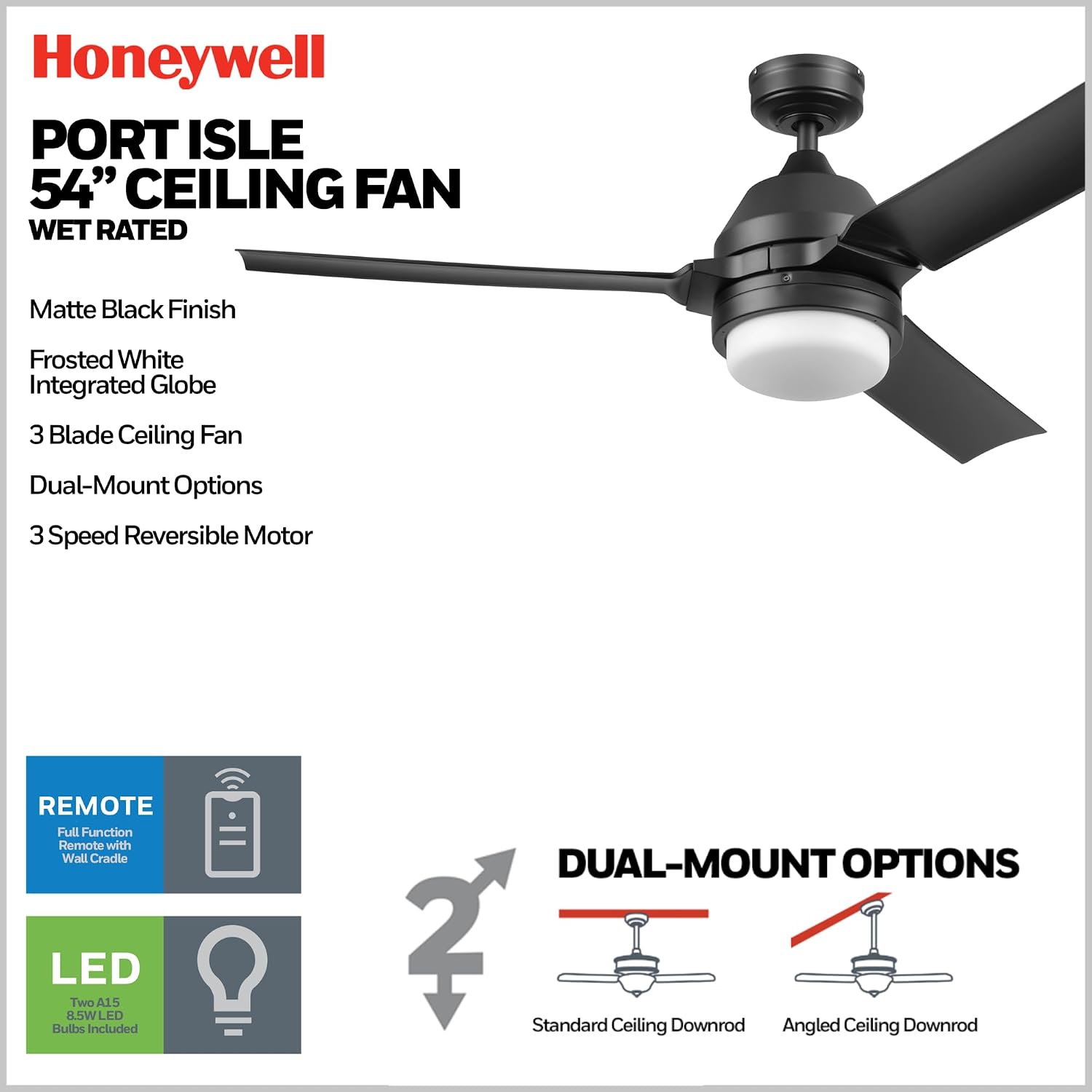 Honeywell Ceiling Fans Port Isle Modern 54 Inch Outdoor Ceiling Fan with Light, LED Fan with Remote Control, 3 Contemporary Matte Black Weather Resistant Blades, Black (51986-01)