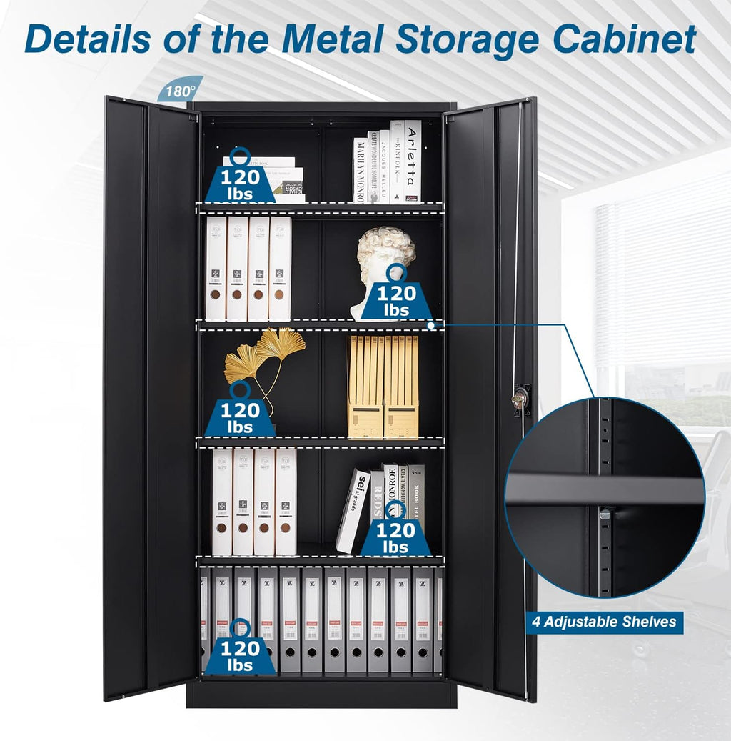 PEUKC Metal Garage Storage Cabinet, 71' Tool Cabinet with 4 Adjustable Shelves, Metal File Cabinets with Lockable Doors for Garage, Home Office, Gym, School, Utility Room (Black, Assemble Required)