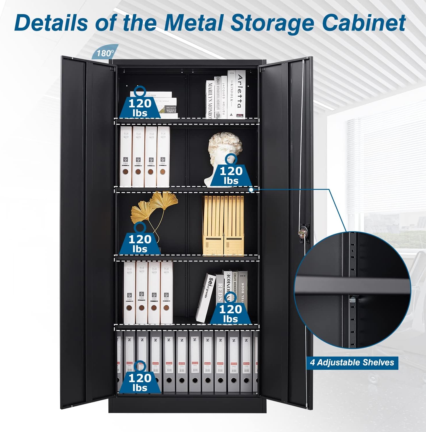 PEUKC Metal Garage Storage Cabinet, 71' Tool Cabinet with 4 Adjustable Shelves, Metal File Cabinets with Lockable Doors for Garage, Home Office, Gym, School, Utility Room (Black, Assemble Required)