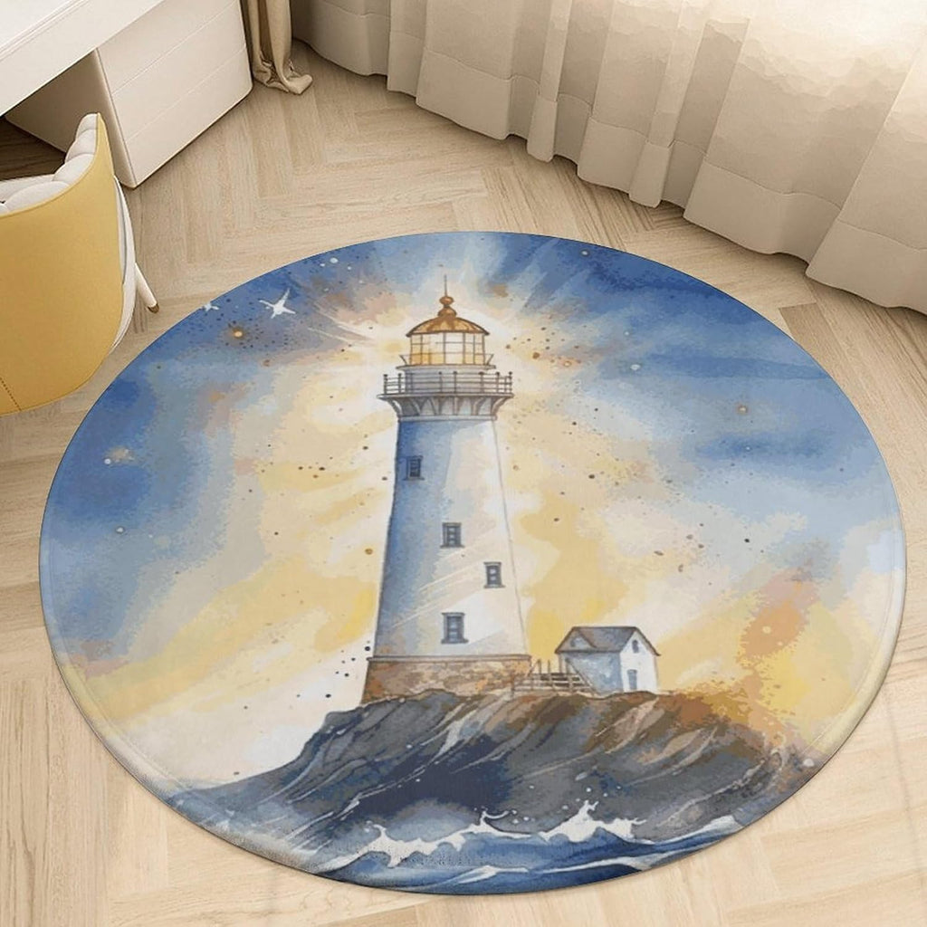Watercolor Lighthouse Fantasy Light Coral Velvet Round Floor Mat Non-Slip Bath Rug Floor Covering for Bathroom Vanity Guest Suite & Vacation Home