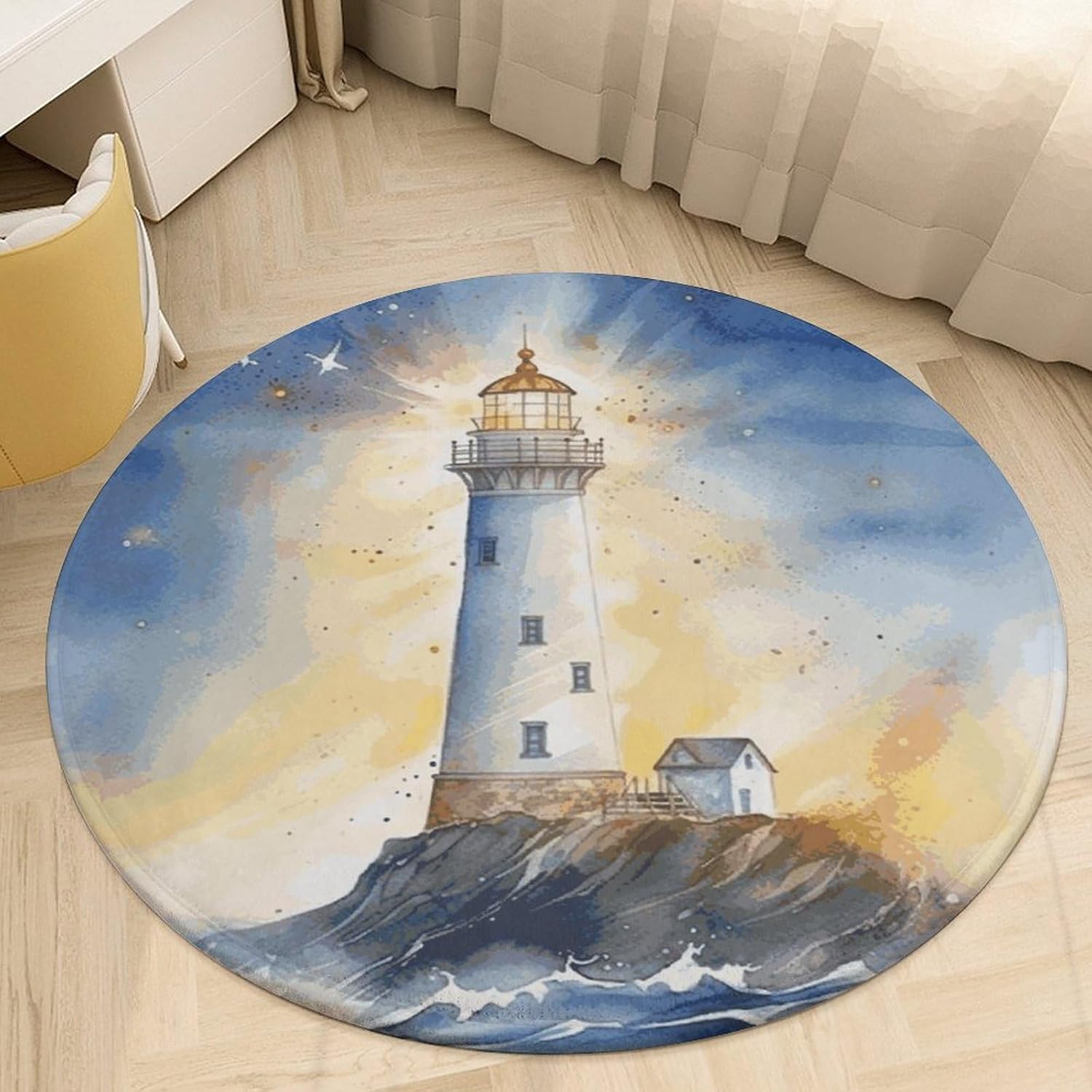 Watercolor Lighthouse Fantasy Light Coral Velvet Round Floor Mat Non-Slip Bath Rug Floor Covering for Bathroom Vanity Guest Suite & Vacation Home