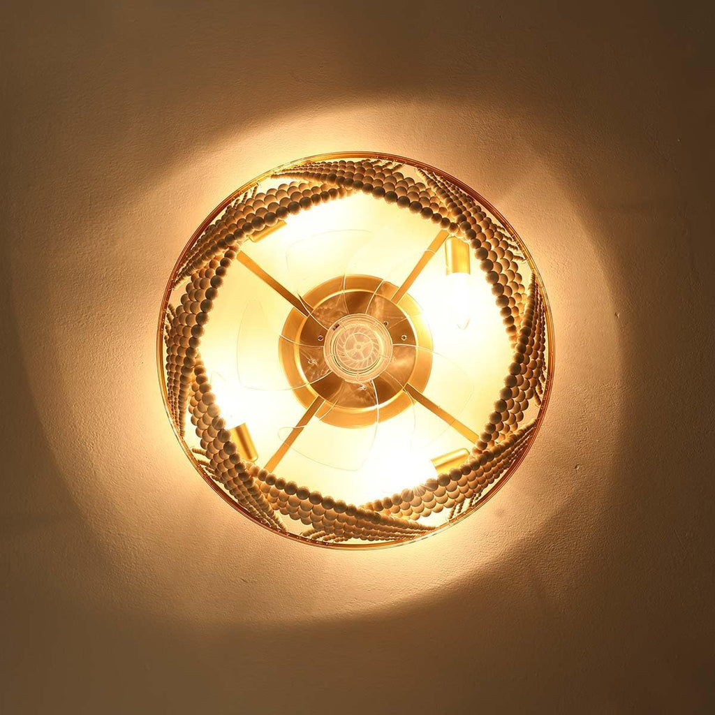 20'' Boho Ceiling Fan with Lights Flush Mount,Bohemia Gold Wood Bead Enclosed Ceiling Fan Light, 4 Lights Low Profile Ceiling Fans with Remote Control for Bedroom Living Room Dining Room Kitchen
