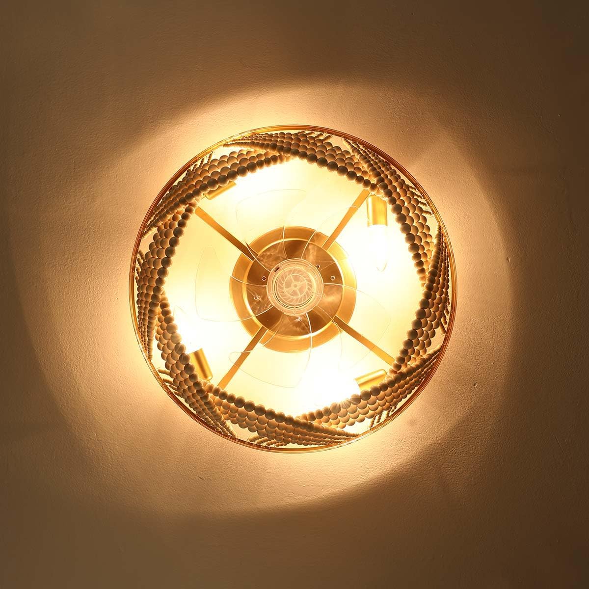 20'' Boho Ceiling Fan with Lights Flush Mount,Bohemia Gold Wood Bead Enclosed Ceiling Fan Light, 4 Lights Low Profile Ceiling Fans with Remote Control for Bedroom Living Room Dining Room Kitchen
