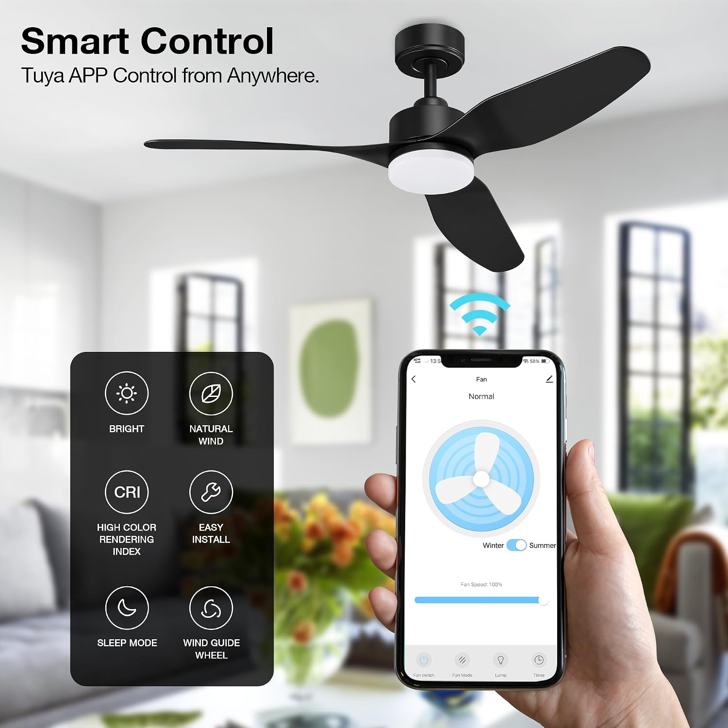 Hoenofly 48' Smart Ceiling Fans with LED Lights Remote,Quiet DC Motor,Dimmable,Outdoor Indoor Modern Ceiling Fan Controlled by WIFI Alexa App,3 Black Blades for Bedroom Living Room Patio Porch
