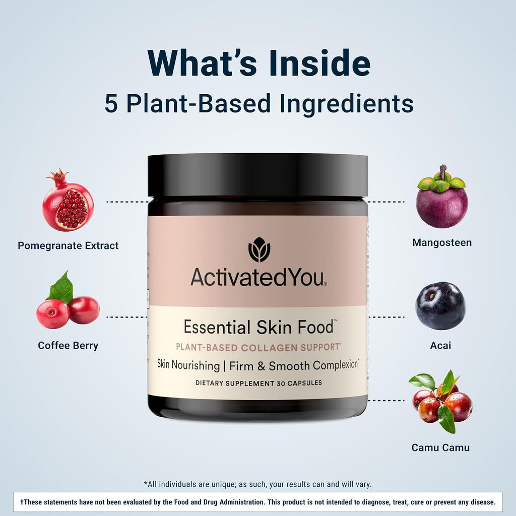ACTIVATEDYOU Essential Skin Food, Advanced Skincare Collagen Elastin Support Supplement for Aging Skin, Helps Improve Appearance of Face Texture, Sagging w/Dermaval, Vitamin C (30 Count (Pack of 3))