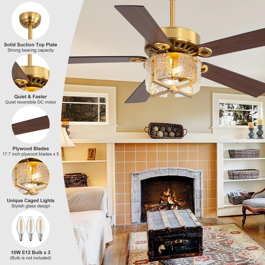 52 Inch Rustic Farmhouse Ceiling Fan with Light & Remote, Ultra Quiet DC Motor, Reversible 5-Blade Design Antique Ceiling Fan Light Dual Downrod for Low/High Ceilings - Modern Black Gold