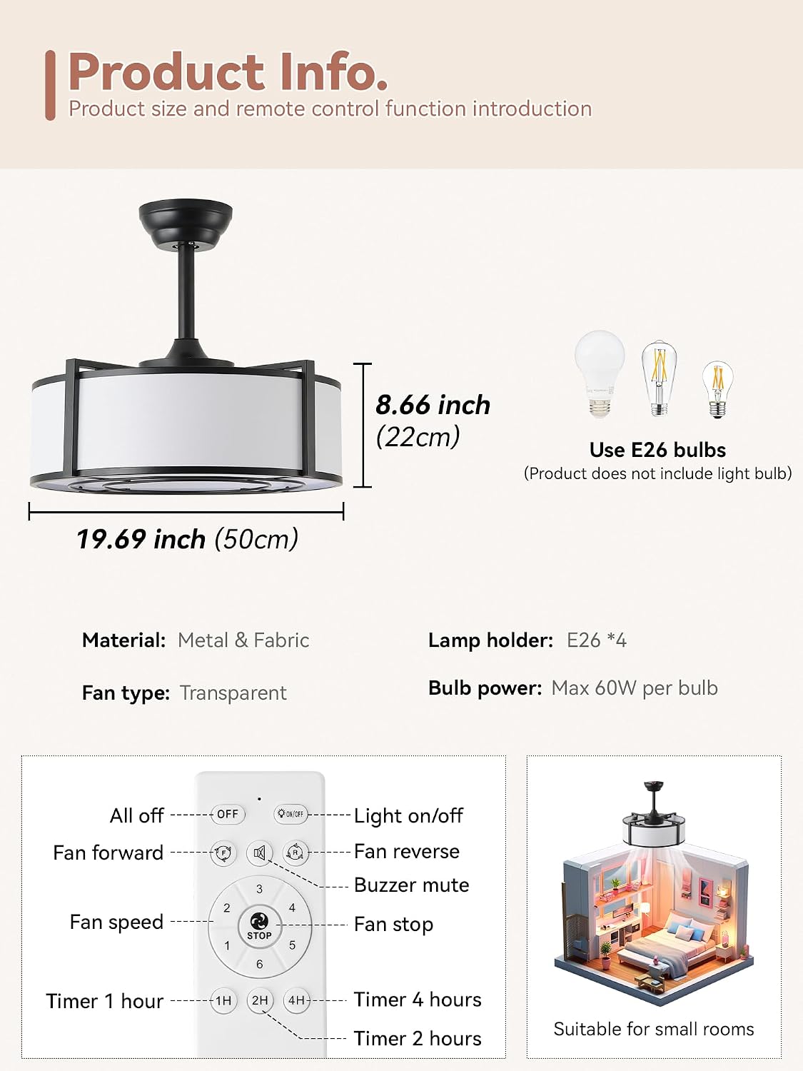 20' Black Fandelier Ceiling Fans with Lights, Boho Rattan Ceiling Fan with Light Remote Control, Caged Mid-Century Modern with 6 Speeds for Bedroom, Nursery, Living Room
