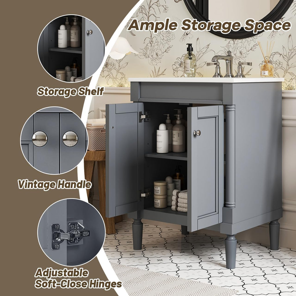 24 Inch Bathroom Vanity with Sink: Modern Gray Storage Cabinet with Ceramic Basin & Soft Close Hinges - Compact Design for Small Bathrooms & Guest Suites with Ample Storage Space & Wood Frame