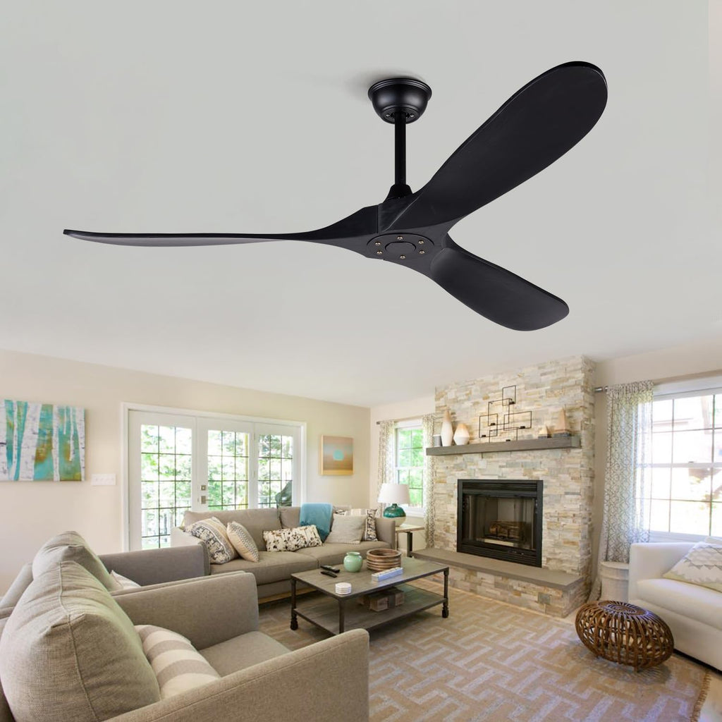 60 Inch Ceiling Fans without Lights, Black Ceiling Fans no Lights with Remote Control, 3 Solid Wood Blades, Indoor Outdoor Ceiling Fan for Patios Living Room