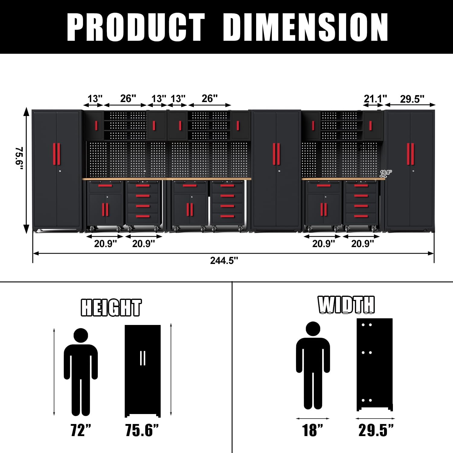 Garage Storage Cabinet System,18Pack Garage Cabinets and Storage System Included Steel Drawers Rolling Chest,Locked Storage Cabinet, Perfect for Organizing Garage and Tools, Red Handle